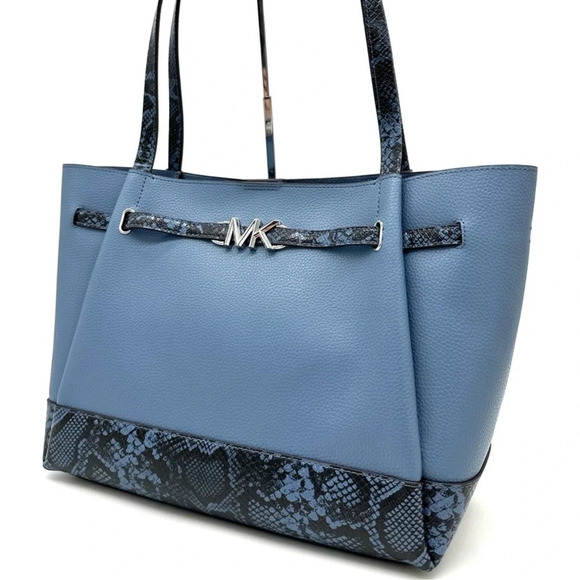 Michael Kors Reed Large Tote Bag Denim Snakeskin Blue - Picture 3 of 11